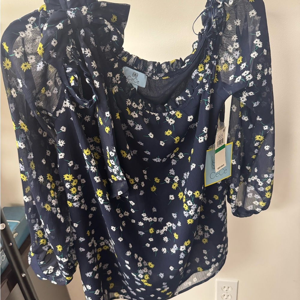 CeCe Blue and Yellow Ruffled Tie Front Blouse